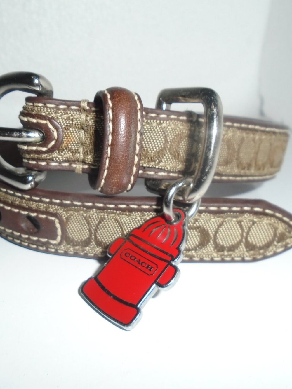 COACH BROWN LEATHER BROWN JACQUARD SIGNATURE C DOG PET COLLAR 60178 SIZE SMALL - Picture 3 of 16